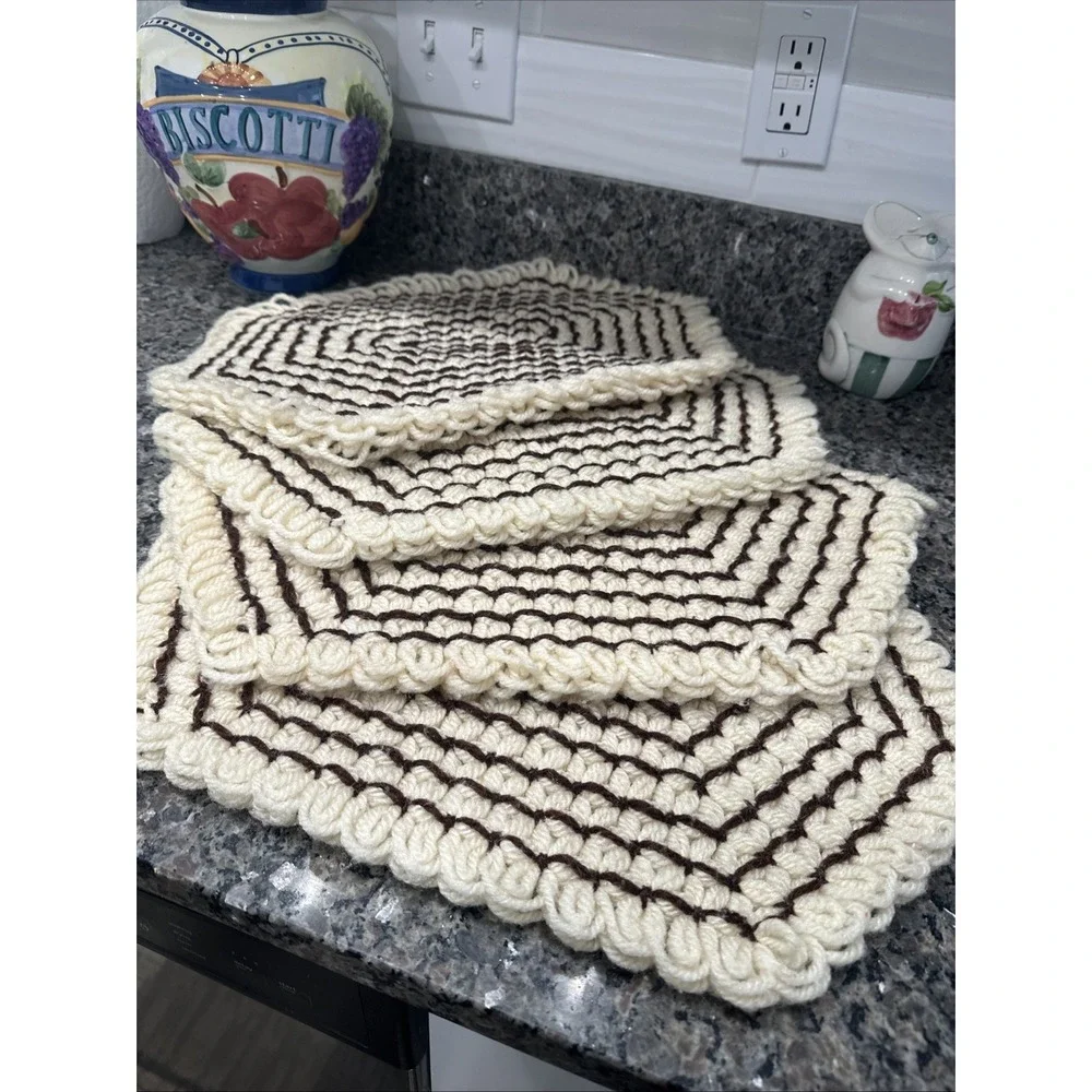 Vintage Placemats yarn crochet kitchen(4 total) Brown and Beige handmade Thick